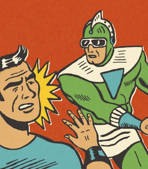 Framed Print : Superhero Hitting a Man Framed Print : Superhero Hitting a Man