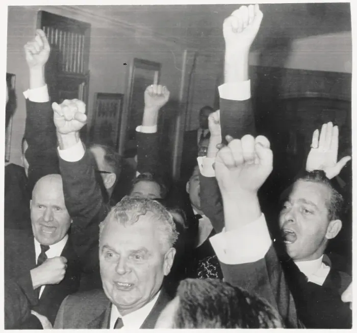 Framed Print : Supporters Cheering for John Diefenbaker Framed Print : Supporters Cheering for John Diefenbaker