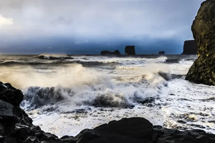 Framed Print : Surf, with dramatic cloudy sky, Vik, Iceland Framed Print : Surf, with dramatic cloudy sky, Vik, Iceland