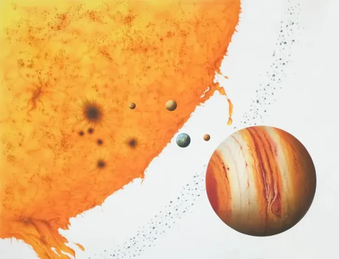 Framed Print : Surface of the sun with an arch of fire, next to the planets Jupiter, Mars, Earth, Venus, Mercury and an Asteroid belt Framed Print : Surface of the sun with an arch of fire, next to the planets Jupiter, Mars, Earth, Venus, Mercury and an Asteroid belt