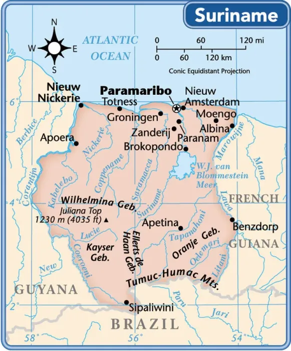 Framed Print : Suriname country map (not including disputed areas)