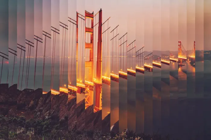 Framed Print : Surreal rearranged strips picture of the Golden Gate bridge at dusk with cool effect Framed Print : Surreal rearranged strips picture of the Golden Gate bridge at dusk with cool effect