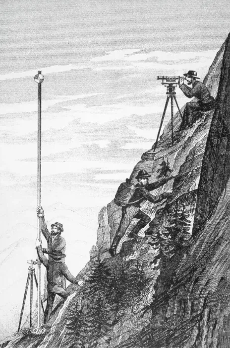 Framed Print : Surveyors Measuring Mountain--Illus Framed Print : Surveyors Measuring Mountain--Illus