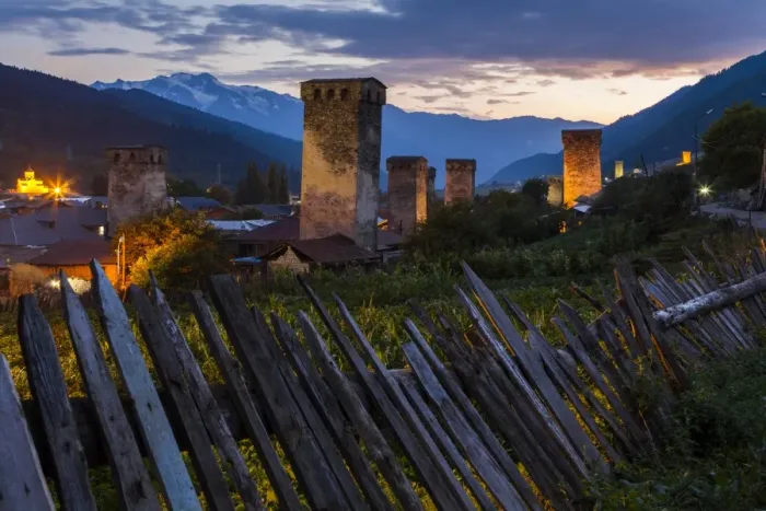 Framed Print : Svan towers illuminated at night. Svaneti, Georgia