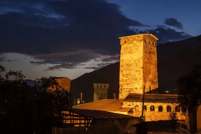 Framed Print : Svan towers illuminated at night. Svaneti, Georgia Framed Print : Svan towers illuminated at night. Svaneti, Georgia