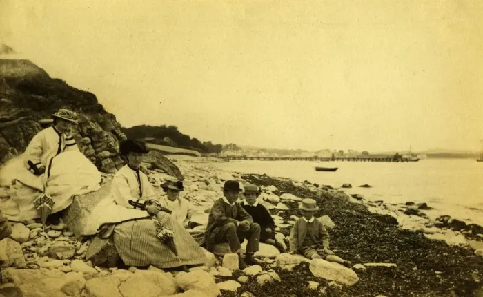 Framed Print : Swanage. August 1863: A family on the beach at Swanage Framed Print : Swanage. August 1863: A family on the beach at Swanage
