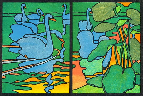 Swans swimming in lake at dawn decorative art nouveau 1898