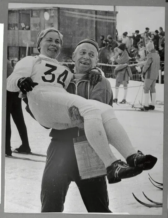 Framed Print : Swedish Skier and Coach Celebrating Victory Framed Print : Swedish Skier and Coach Celebrating Victory