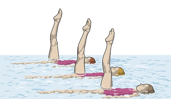 Three swimmers floating on water, right legs held straight up