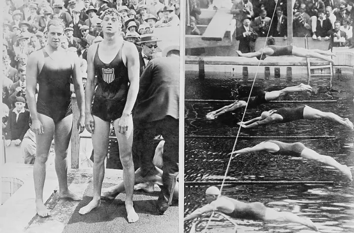 Framed Print : Swimmers Johnny Weissmuller and Andrew Charlton at Competition Framed Print : Swimmers Johnny Weissmuller and Andrew Charlton at Competition