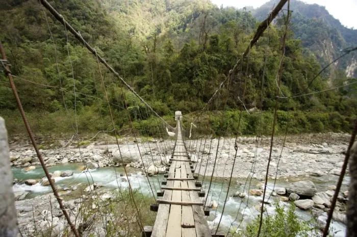 Framed Print : Swing bridge across a river at low water, Annapurna Conservation Area, Nepal, Asia Framed Print : Swing bridge across a river at low water, Annapurna Conservation Area, Nepal, Asia