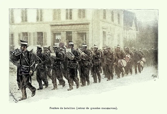 Framed Print : Swiss Army, Soldiers, Marching band, Military, history, Switzerland, Vintage illustration, 19th Century Framed Print : Swiss Army, Soldiers, Marching band, Military, history, Switzerland, Vintage illustration, 19th Century