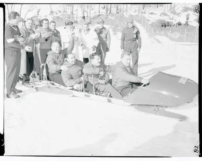Framed Print : Swiss Bobsled Team in Their Sled Framed Print : Swiss Bobsled Team in Their Sled
