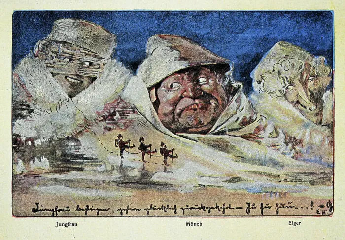 Framed Print : Swiss postcard, Mountains depicted as people, Jungfrau, Monch, Eiger, Jugendstil Art Nouveau, 19th Century art Framed Print : Swiss postcard, Mountains depicted as people, Jungfrau, Monch, Eiger, Jugendstil Art Nouveau, 19th Century art