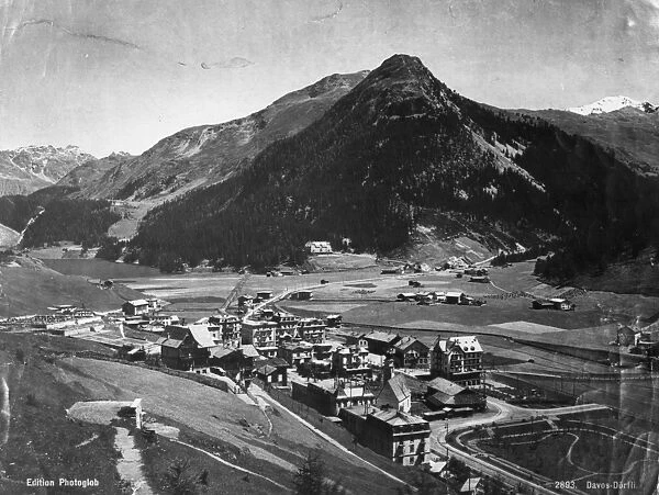 Davos. circa 1880: The Swiss town of Davos situated in a valley in the Rhaetian Alps