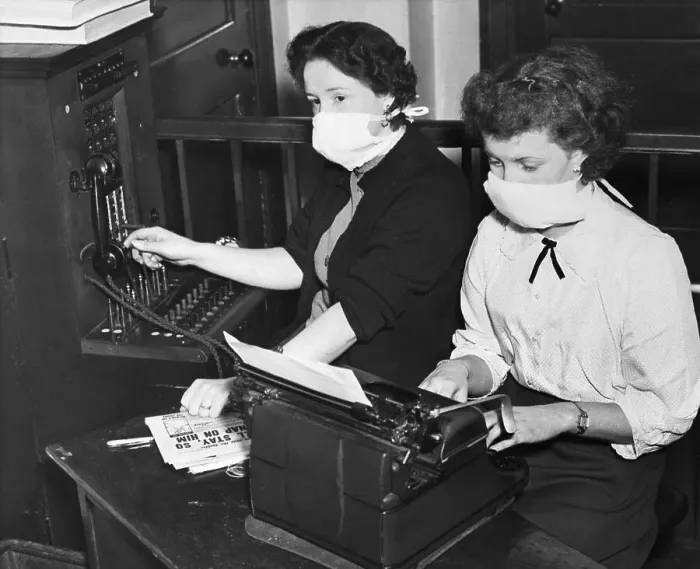 Framed Print : Switchboard Operators Wear Protective Masks Framed Print : Switchboard Operators Wear Protective Masks