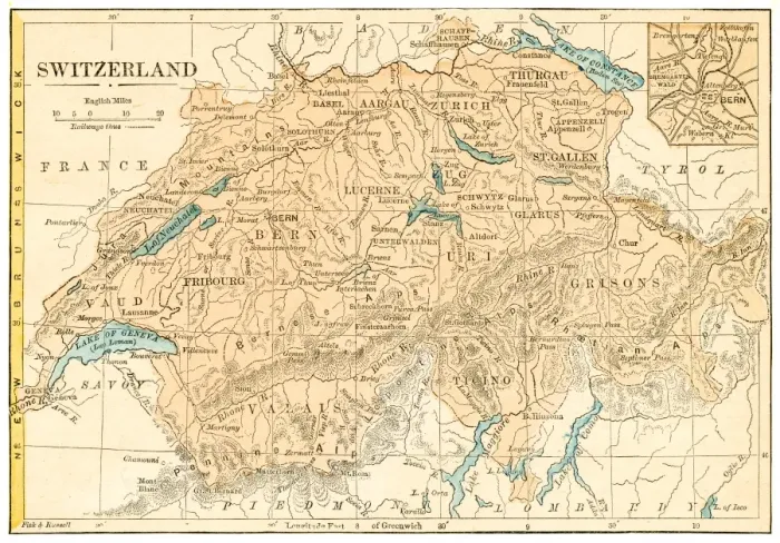 Framed Print : Switzerland map 1875 Framed Print : Switzerland map 1875