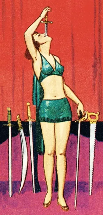 Framed Print : Sword-swallowing woman Framed Print : Sword-swallowing woman