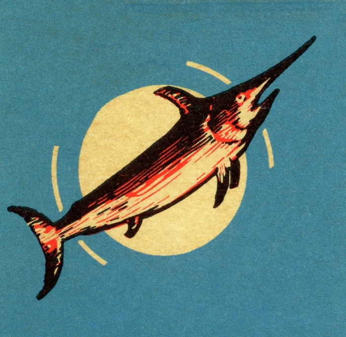 Framed Print : Swordfish. Matchbook image of swordfish in motion against a blue background Framed Print : Swordfish. Matchbook image of swordfish in motion against a blue background