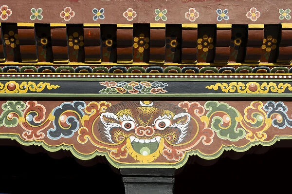 Symbolic representation of a tiger on the beams of a building, Thimphu, Bhutan, South Asia
