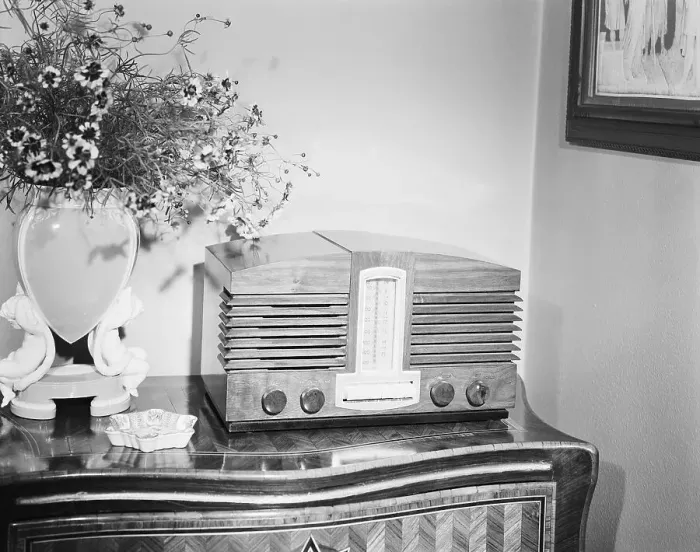 Framed Print : Table Radio Placed Next To Vase Framed Print : Table Radio Placed Next To Vase