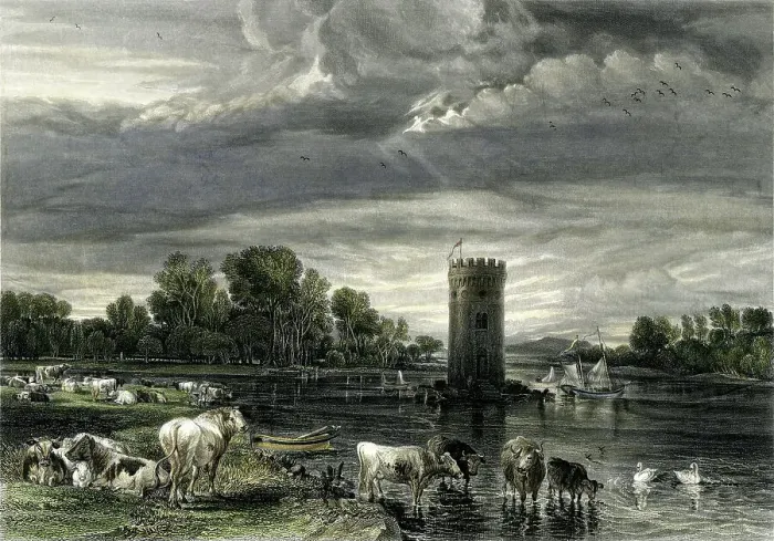 Framed Print : De Tabley Park, Cheshire, lake and tower 1851 (Engraved illustration) Framed Print : De Tabley Park, Cheshire, lake and tower 1851 (Engraved illustration)