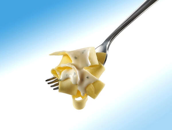Tagliatelle pasta on a fork with gorgonzola sauce