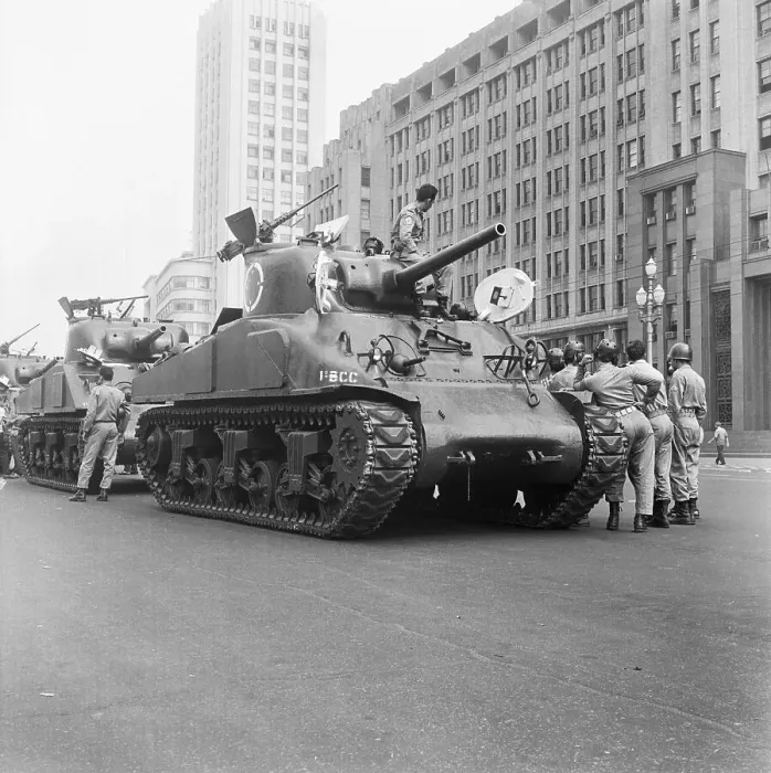 Framed Print : Tanks Surrounded by Soldiers in Street Framed Print : Tanks Surrounded by Soldiers in Street