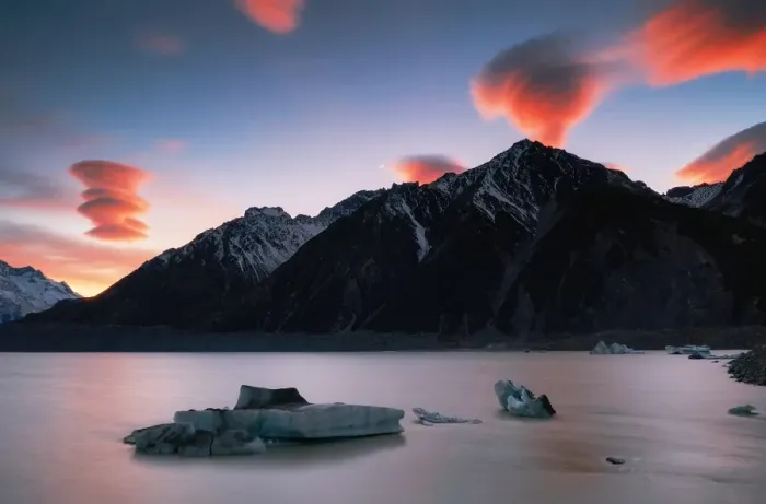 Framed Print : Tasman Glacier and Lenticular clouds sunrise