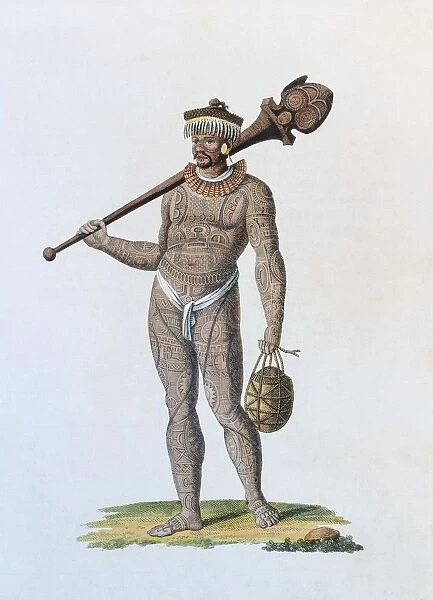Tattooed Nukahi warrior with club and gourd, handcoloured copper engravings from picture