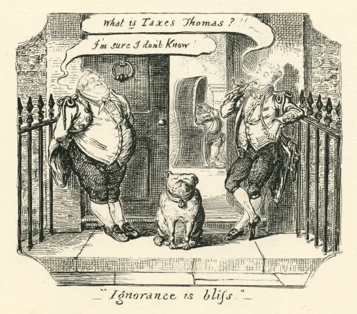 Framed Print : Tax humour ignorance is bliss Cruikshank 19th century cartoon Framed Print : Tax humour ignorance is bliss Cruikshank 19th century cartoon