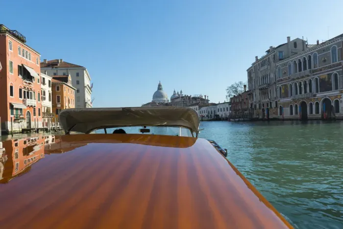 Framed Print : Taxi boat on Grand Canal and church Salute in Venice, Italy Framed Print : Taxi boat on Grand Canal and church Salute in Venice, Italy