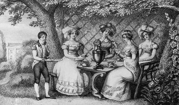 Tea In The Garden. Four ladies hold an elegant tea party under the shade of a tree