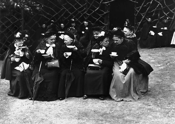 Tea Party. Elderly ladies taking tea on an outing to Loughton, Essex
