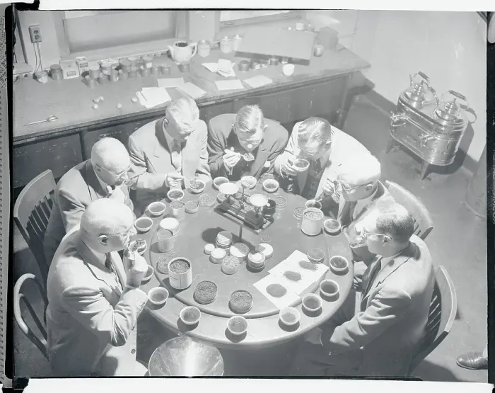 Framed Print : Tea Testers Trying Tea Assortments at Round Table Framed Print : Tea Testers Trying Tea Assortments at Round Table
