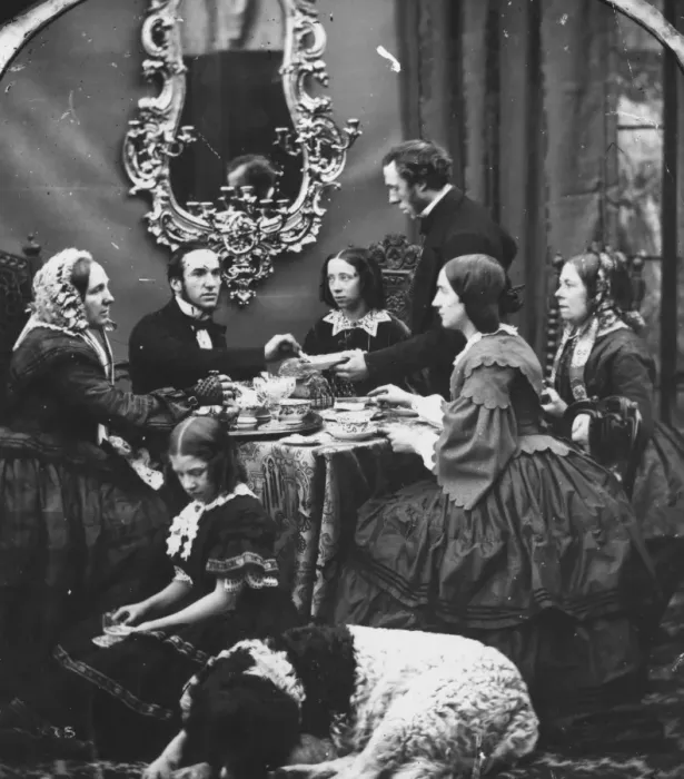 Framed Print : Tea Time. circa 1865: A middle class family take tea while a St Bernard Framed Print : Tea Time. circa 1865: A middle class family take tea while a St Bernard