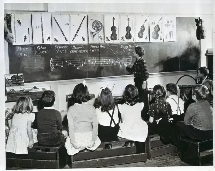 Framed Print : Teacher Points To A French Horn In Class Framed Print : Teacher Points To A French Horn In Class