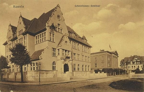 Teachers seminar in Hameln, Lower Saxony, Germany, postcard with text, view around ca 1910, historical, digital reproduction of a historical postcard, public domain, from that time, exact date unknown