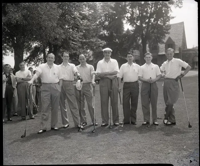 Framed Print : Team Lined Up with Golf Clubs on Course Framed Print : Team Lined Up with Golf Clubs on Course