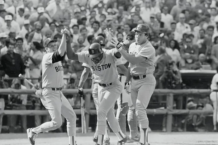 Framed Print : Teammates Congratulating Dave Henderson Framed Print : Teammates Congratulating Dave Henderson