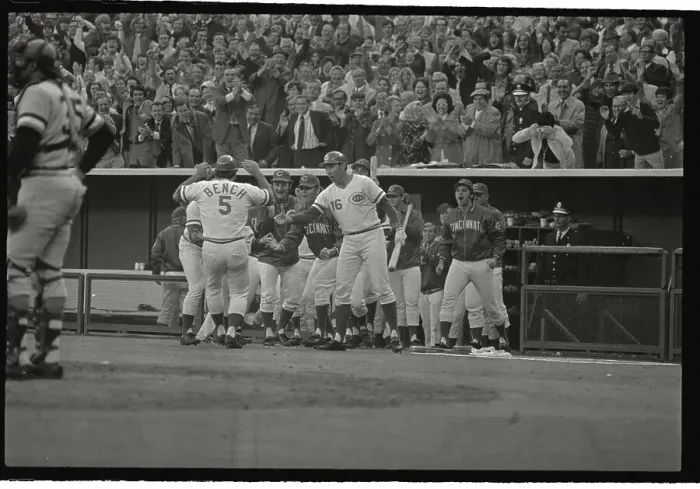 Framed Print : Teammates Congratulating Johnny Bench