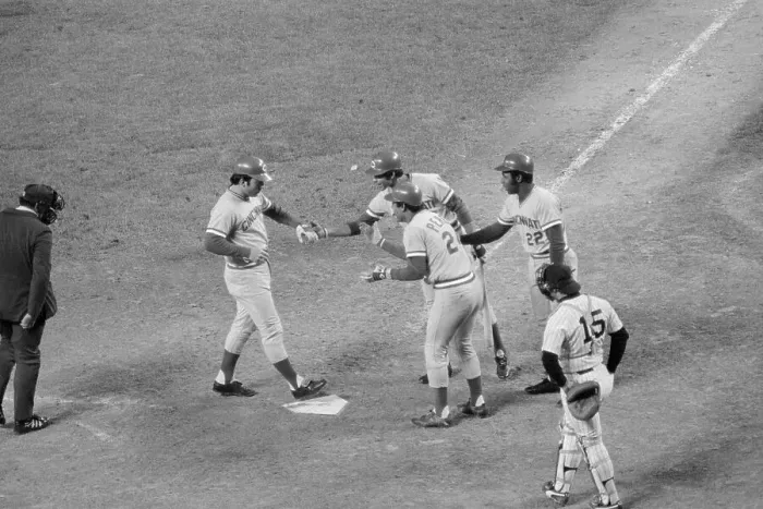 Framed Print : Teammates Congratulating Johnny Bench at Home Plate Framed Print : Teammates Congratulating Johnny Bench at Home Plate