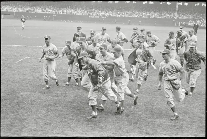 Framed Print : Teammates Gathering Around Larry Sherry Framed Print : Teammates Gathering Around Larry Sherry