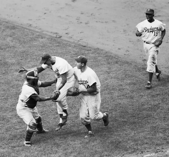Framed Print : Teammates Grabbing Clem Labine Framed Print : Teammates Grabbing Clem Labine