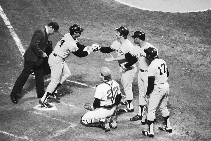 Framed Print : Teammates Greeting Reggie Jackson at Home Plate Framed Print : Teammates Greeting Reggie Jackson at Home Plate