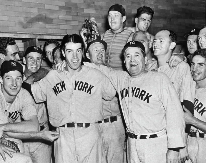 Framed Print : Teammates Surrounding Joe DiMaggio Following Game Win Framed Print : Teammates Surrounding Joe DiMaggio Following Game Win