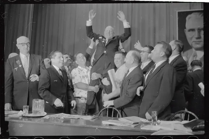 Framed Print : Teamsters Holding Dave Beck on Their Shoulders Framed Print : Teamsters Holding Dave Beck on Their Shoulders