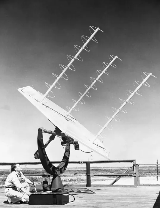 Framed Print : Technician Operates 3-Pronged Antenna Framed Print : Technician Operates 3-Pronged Antenna