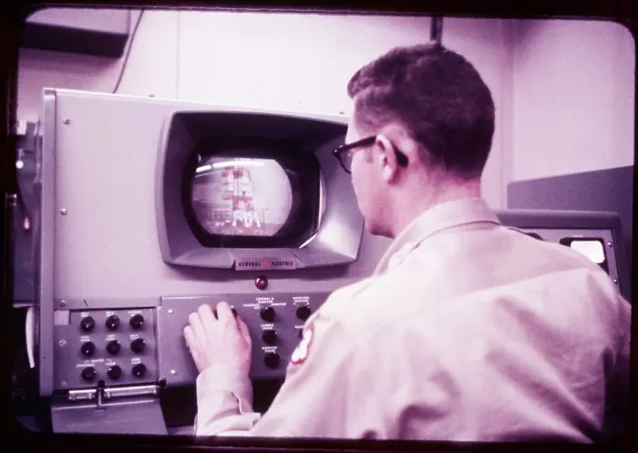 Framed Print : Technician Watching Satellite Launch / Tv Framed Print : Technician Watching Satellite Launch / Tv