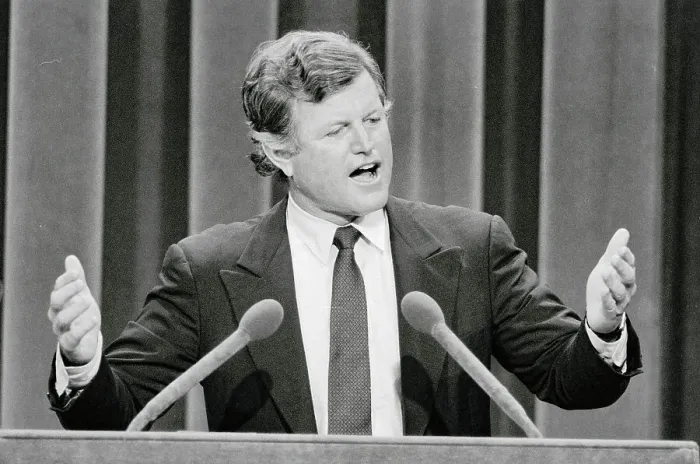 Framed Print : Ted Kennedy Gesturing at Microphones